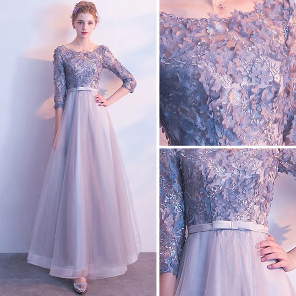 Chic / Belle Gris Robe De Bal 2017 Princesse Encolure Dégagée 3/4 Manches Appliques Fleur Noeud Ceinture Longue Dos Nu Robe De Ceremonie