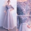 Chic / Belle Gris Robe De Bal 2017 Princesse Encolure Dégagée 3/4 Manches Appliques Fleur Noeud Ceinture Longue Dos Nu Robe De Ceremonie