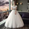 Affordable Modest / Simple Church Wedding Dresses 2017 Lace Appliques Backless V-Neck Off-The-Shoulder Short Sleeve Floor-Length / Long White Ball Gown