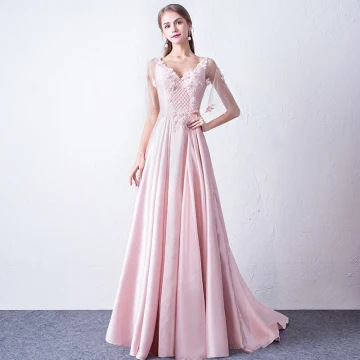 Modern Fashion Candy Pink Evening Dresses 2018 A Line Princess V Neck 1 2 Sleeves Appliques Flower Beading Court Train Ruffle Backless Formal Dresses