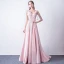 Modern / Fashion Candy Pink Evening Dresses  2018 A-Line / Princess V-Neck 1/2 Sleeves Appliques Flower Beading Court Train Ruffle Backless Formal Dresses