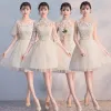 Affordable Champagne See-through Bridesmaid Dresses 2018 A-Line / Princess Appliques Lace Bow Sash Short Ruffle Backless Wedding Party Dresses