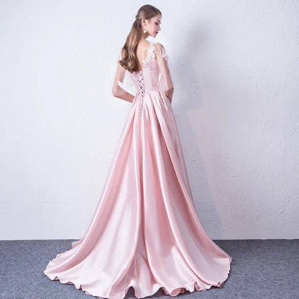 Modern / Fashion Candy Pink Evening Dresses 2018 A-Line / Princess V-Neck 1/2 Sleeves Appliques Flower Beading Court Train Ruffle Backless Formal Dresses
