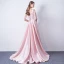 Modern / Fashion Candy Pink Evening Dresses  2018 A-Line / Princess V-Neck 1/2 Sleeves Appliques Flower Beading Court Train Ruffle Backless Formal Dresses
