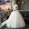 Affordable Modest / Simple Church Wedding Dresses 2017 Lace Appliques Backless V-Neck Off-The-Shoulder Short Sleeve Floor-Length / Long White Ball Gown