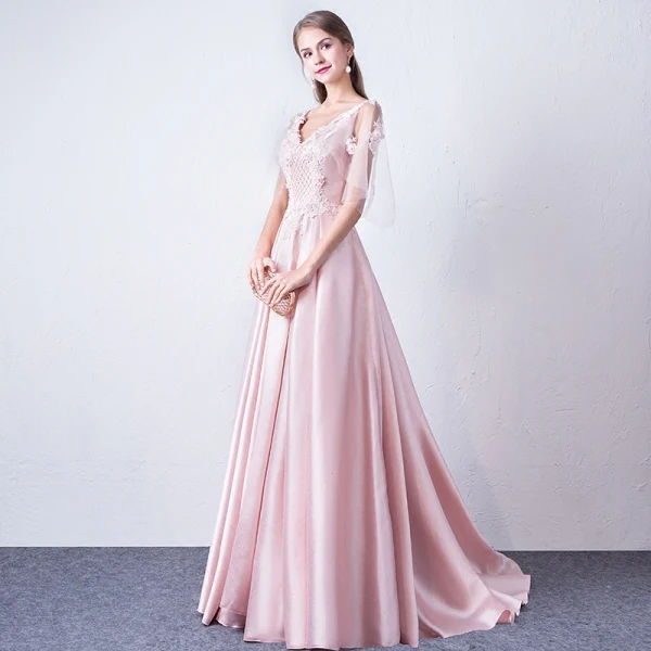 Modern / Fashion Candy Pink Evening Dresses 2018 A-Line / Princess V-Neck 1/2 Sleeves Appliques Flower Beading Court Train Ruffle Backless Formal Dresses