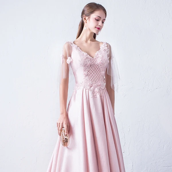 Modern / Fashion Candy Pink Evening Dresses 2018 A-Line / Princess V-Neck 1/2 Sleeves Appliques Flower Beading Court Train Ruffle Backless Formal Dresses