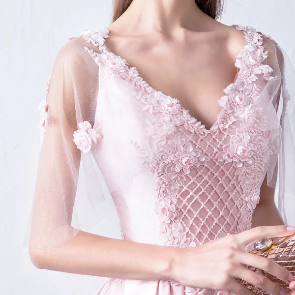 Modern / Fashion Candy Pink Evening Dresses 2018 A-Line / Princess V-Neck 1/2 Sleeves Appliques Flower Beading Court Train Ruffle Backless Formal Dresses
