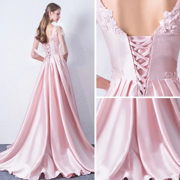 Modern / Fashion Candy Pink Evening Dresses 2018 A-Line / Princess V-Neck 1/2 Sleeves Appliques Flower Beading Court Train Ruffle Backless Formal Dresses