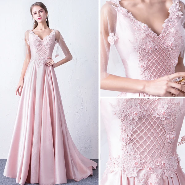 Modern / Fashion Candy Pink Evening Dresses 2018 A-Line / Princess V-Neck 1/2 Sleeves Appliques Flower Beading Court Train Ruffle Backless Formal Dresses
