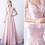 Modern / Fashion Candy Pink Evening Dresses  2018 A-Line / Princess V-Neck 1/2 Sleeves Appliques Flower Beading Court Train Ruffle Backless Formal Dresses
