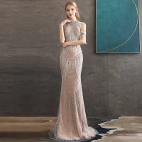 Haut de Gamme Champagne Robe De Soirée 2020 Trompette / Sirène Col Haut Manches Courtes Perlage Gland Train De Balayage Volants Dos Nu Robe De Ceremonie