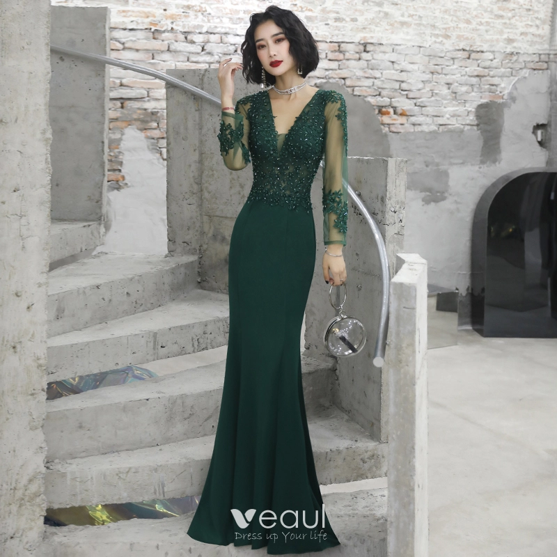 Illusion Dark Green See through Evening Dresses 2020 Trumpet