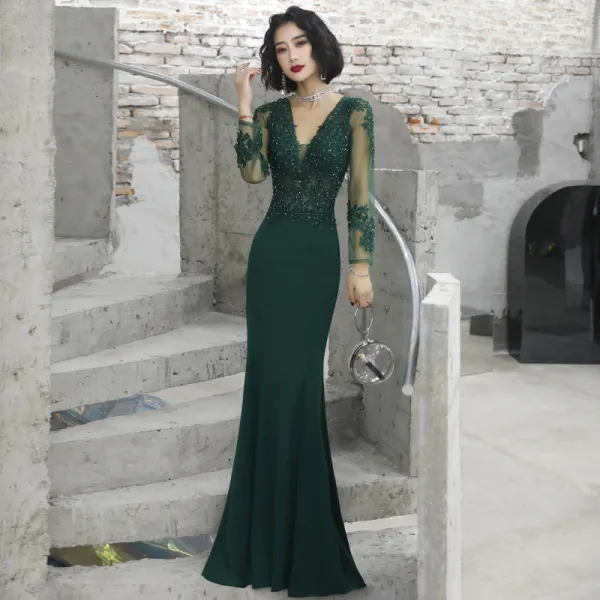 Illusion Dark Green See-through Evening Dresses  2020 Trumpet / Mermaid Deep V-Neck Long Sleeve Appliques Lace Beading Floor-Length / Long Ruffle Backless Formal Dresses
