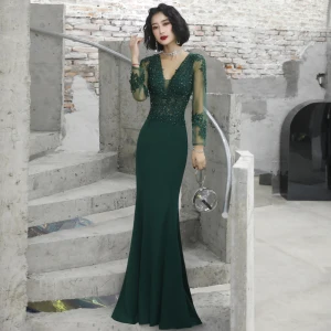 Espejismo Verde Oscuro Transparentes Vestidos De Noche 2020 Trumpet Mermaid V Cuello Profundo Manga Larga Apliques Con Encaje Rebordear Largos Ruffle Sin Espalda Vestidos Formales