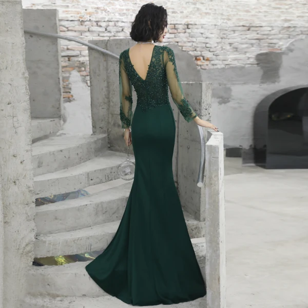 Illusion Vert Foncé Transparentes Robe De Soirée 2020 Trompette / Sirène Col v profond Manches Longues Appliques En Dentelle Perlage Longue Volants Dos Nu Robe De Ceremonie