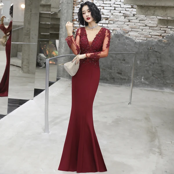 Illusion Vert Foncé Transparentes Robe De Soirée 2020 Trompette / Sirène Col v profond Manches Longues Appliques En Dentelle Perlage Longue Volants Dos Nu Robe De Ceremonie