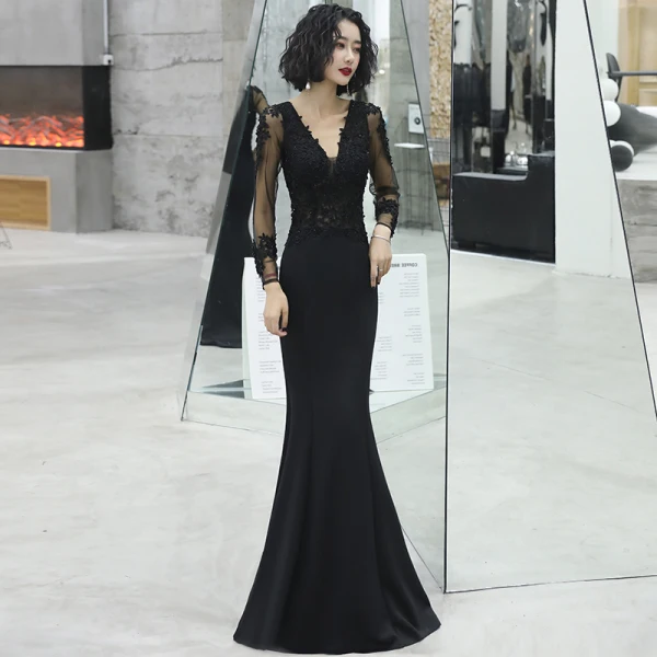 Illusion Vert Foncé Transparentes Robe De Soirée 2020 Trompette / Sirène Col v profond Manches Longues Appliques En Dentelle Perlage Longue Volants Dos Nu Robe De Ceremonie
