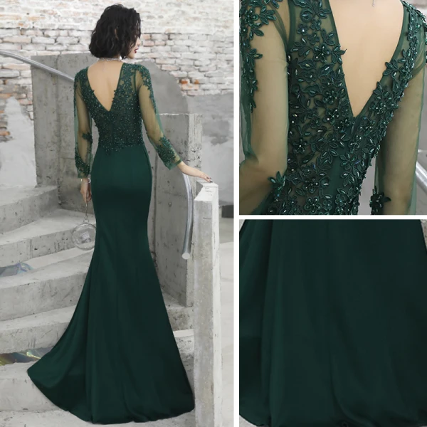 Illusion Vert Foncé Transparentes Robe De Soirée 2020 Trompette / Sirène Col v profond Manches Longues Appliques En Dentelle Perlage Longue Volants Dos Nu Robe De Ceremonie