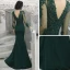 Illusion Vert Foncé Transparentes Robe De Soirée 2020 Trompette / Sirène Col v profond Manches Longues Appliques En Dentelle Perlage Longue Volants Dos Nu Robe De Ceremonie