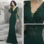 Illusion Vert Foncé Transparentes Robe De Soirée 2020 Trompette / Sirène Col v profond Manches Longues Appliques En Dentelle Perlage Longue Volants Dos Nu Robe De Ceremonie