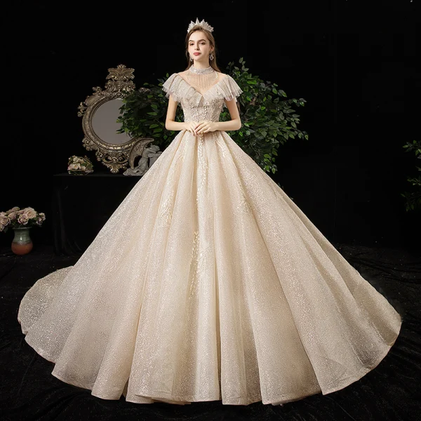 Meilleure Champagne Transparentes Robe De Mariée 2020 Princesse Col Haut Manches Courtes Dos Nu Glitter Tulle Appliques En Dentelle Perlage Royal Train Volants