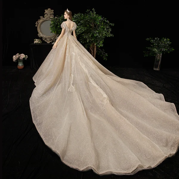 Meilleure Champagne Transparentes Robe De Mariée 2020 Princesse Col Haut Manches Courtes Dos Nu Glitter Tulle Appliques En Dentelle Perlage Royal Train Volants