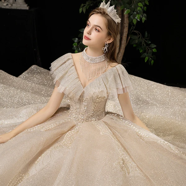 Meilleure Champagne Transparentes Robe De Mariée 2020 Princesse Col Haut Manches Courtes Dos Nu Glitter Tulle Appliques En Dentelle Perlage Royal Train Volants