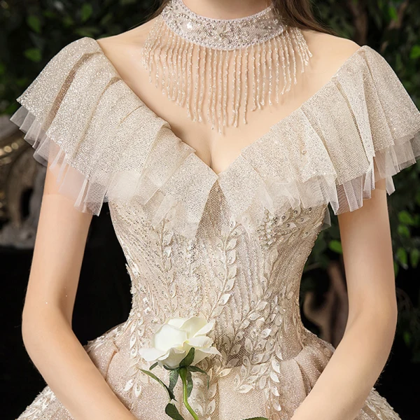 Meilleure Champagne Transparentes Robe De Mariée 2020 Princesse Col Haut Manches Courtes Dos Nu Glitter Tulle Appliques En Dentelle Perlage Royal Train Volants