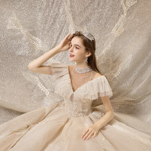 Meilleure Champagne Transparentes Robe De Mariée 2020 Princesse Col Haut Manches Courtes Dos Nu Glitter Tulle Appliques En Dentelle Perlage Royal Train Volants