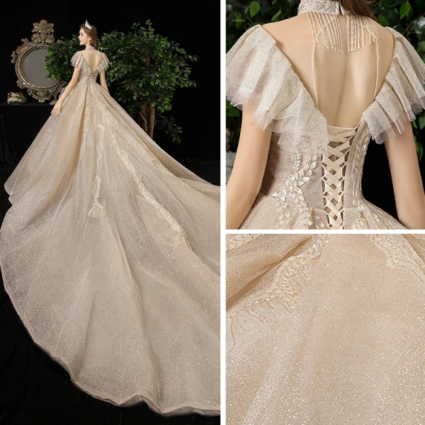 Meilleure Champagne Transparentes Robe De Mariée 2020 Princesse Col Haut Manches Courtes Dos Nu Glitter Tulle Appliques En Dentelle Perlage Royal Train Volants