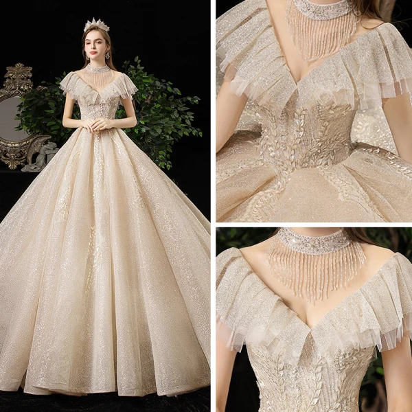 Meilleure Champagne Transparentes Robe De Mariée 2020 Princesse Col Haut Manches Courtes Dos Nu Glitter Tulle Appliques En Dentelle Perlage Royal Train Volants