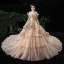 Luxury / Gorgeous Champagne Wedding Dresses 2020 Ball Gown Off-The-Shoulder Short Sleeve Backless Glitter Tulle Appliques Lace Beading Royal Train Cascading Ruffles