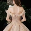 Luxury / Gorgeous Champagne Wedding Dresses 2020 Ball Gown Off-The-Shoulder Short Sleeve Backless Glitter Tulle Appliques Lace Beading Royal Train Cascading Ruffles