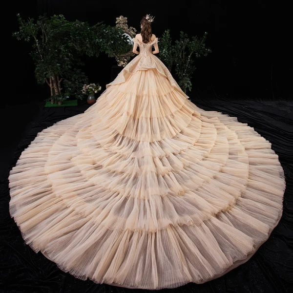 Luxury / Gorgeous Champagne Wedding Dresses 2020 Ball Gown Off-The-Shoulder Short Sleeve Backless Glitter Tulle Appliques Lace Beading Royal Train Cascading Ruffles