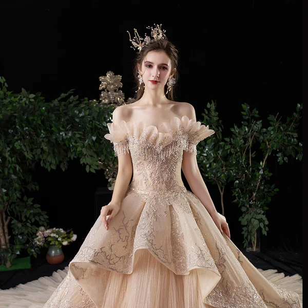 Luxury / Gorgeous Champagne Wedding Dresses 2020 Ball Gown Off-The-Shoulder Short Sleeve Backless Glitter Tulle Appliques Lace Beading Royal Train Cascading Ruffles