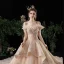 Luxury / Gorgeous Champagne Wedding Dresses 2020 Ball Gown Off-The-Shoulder Short Sleeve Backless Glitter Tulle Appliques Lace Beading Royal Train Cascading Ruffles