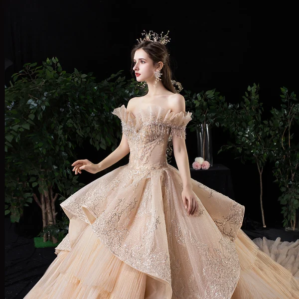 Luxury / Gorgeous Champagne Wedding Dresses 2020 Ball Gown Off-The-Shoulder Short Sleeve Backless Glitter Tulle Appliques Lace Beading Royal Train Cascading Ruffles