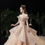 Luxury / Gorgeous Champagne Wedding Dresses 2020 Ball Gown Off-The-Shoulder Short Sleeve Backless Glitter Tulle Appliques Lace Beading Royal Train Cascading Ruffles