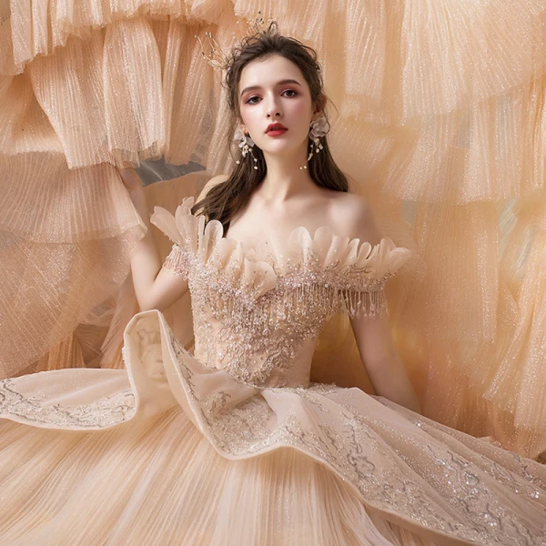 Luxury / Gorgeous Champagne Wedding Dresses 2020 Ball Gown Off-The-Shoulder Short Sleeve Backless Glitter Tulle Appliques Lace Beading Royal Train Cascading Ruffles