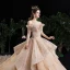 Luxury / Gorgeous Champagne Wedding Dresses 2020 Ball Gown Off-The-Shoulder Short Sleeve Backless Glitter Tulle Appliques Lace Beading Royal Train Cascading Ruffles