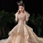Luxury / Gorgeous Champagne Wedding Dresses 2020 Ball Gown Off-The-Shoulder Short Sleeve Backless Glitter Tulle Appliques Lace Beading Royal Train Cascading Ruffles