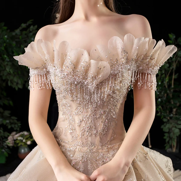 Luxury / Gorgeous Champagne Wedding Dresses 2020 Ball Gown Off-The-Shoulder Short Sleeve Backless Glitter Tulle Appliques Lace Beading Royal Train Cascading Ruffles