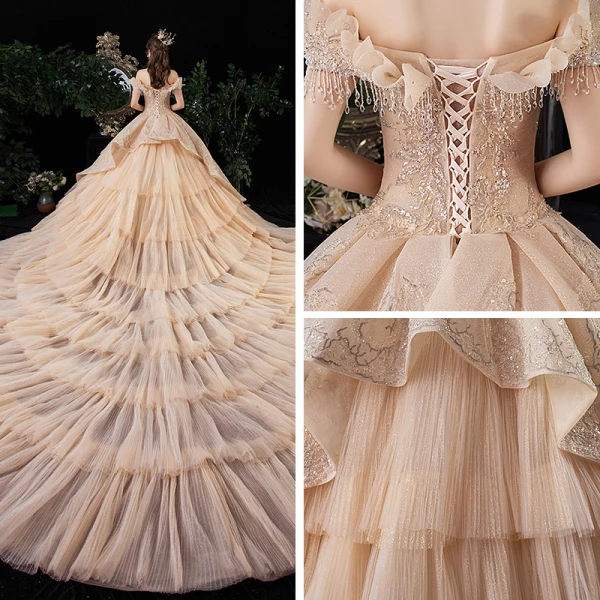 Luxury / Gorgeous Champagne Wedding Dresses 2020 Ball Gown Off-The-Shoulder Short Sleeve Backless Glitter Tulle Appliques Lace Beading Royal Train Cascading Ruffles