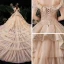 Luxury / Gorgeous Champagne Wedding Dresses 2020 Ball Gown Off-The-Shoulder Short Sleeve Backless Glitter Tulle Appliques Lace Beading Royal Train Cascading Ruffles