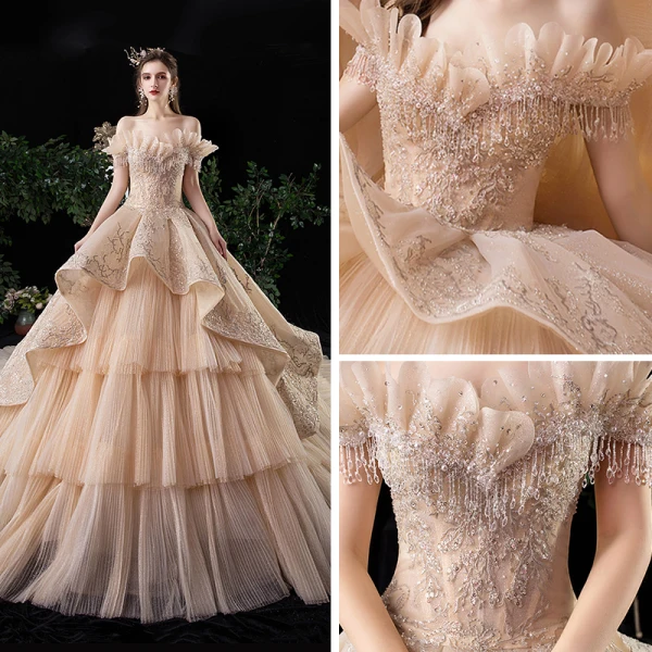 Luxury / Gorgeous Champagne Wedding Dresses 2020 Ball Gown Off-The-Shoulder Short Sleeve Backless Glitter Tulle Appliques Lace Beading Royal Train Cascading Ruffles