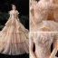 Luxury / Gorgeous Champagne Wedding Dresses 2020 Ball Gown Off-The-Shoulder Short Sleeve Backless Glitter Tulle Appliques Lace Beading Royal Train Cascading Ruffles