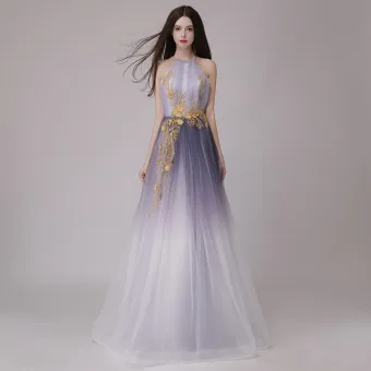 Affordable Grape Gradient Color Ivory Evening Dresses 2018 A Line Princess Halter Sleeveless Appliques Lace Floor Length Long Ruffle Backless Formal Dresses
