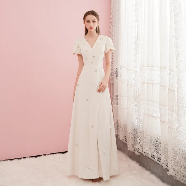 Best Red Velour Evening Dresses  2020 A-Line / Princess V-Neck Puffy Short Sleeve Beading Pearl Floor-Length / Long Formal Dresses