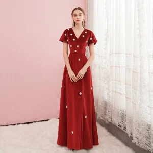 Meilleur Rouge Velour Robe De Soirée 2020 Princesse V Cou Gonflée Manches Courtes Perlage Perle Longue Robe De Ceremonie